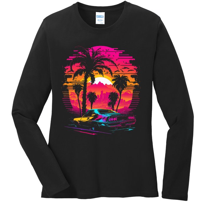 Retrowave Synthwave Aesthetic Sports Car 80s 90s Ladies Long Sleeve Shirt