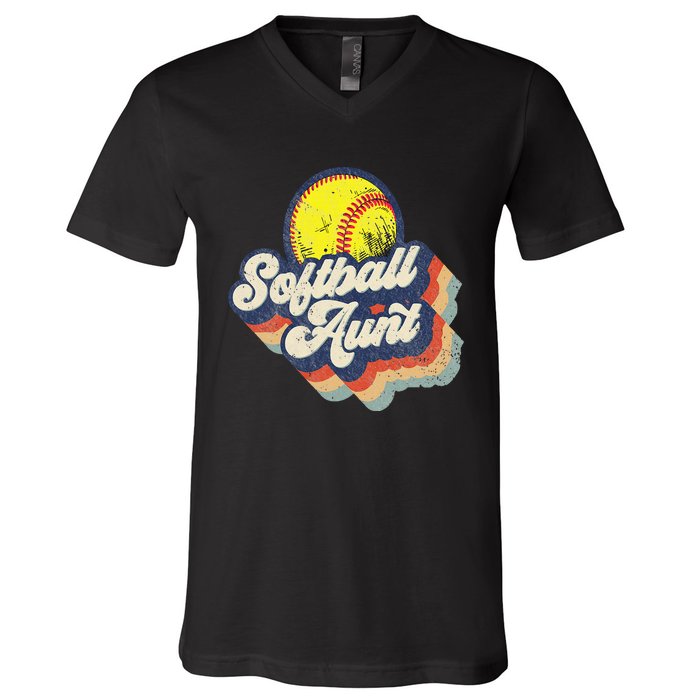 Retro Softball Aunt Auntie Softball MotherS Day V-Neck T-Shirt