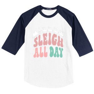 Reindeer Sleigh All Day Groovy Retro Christmas Pajamas Gift Baseball Sleeve Shirt