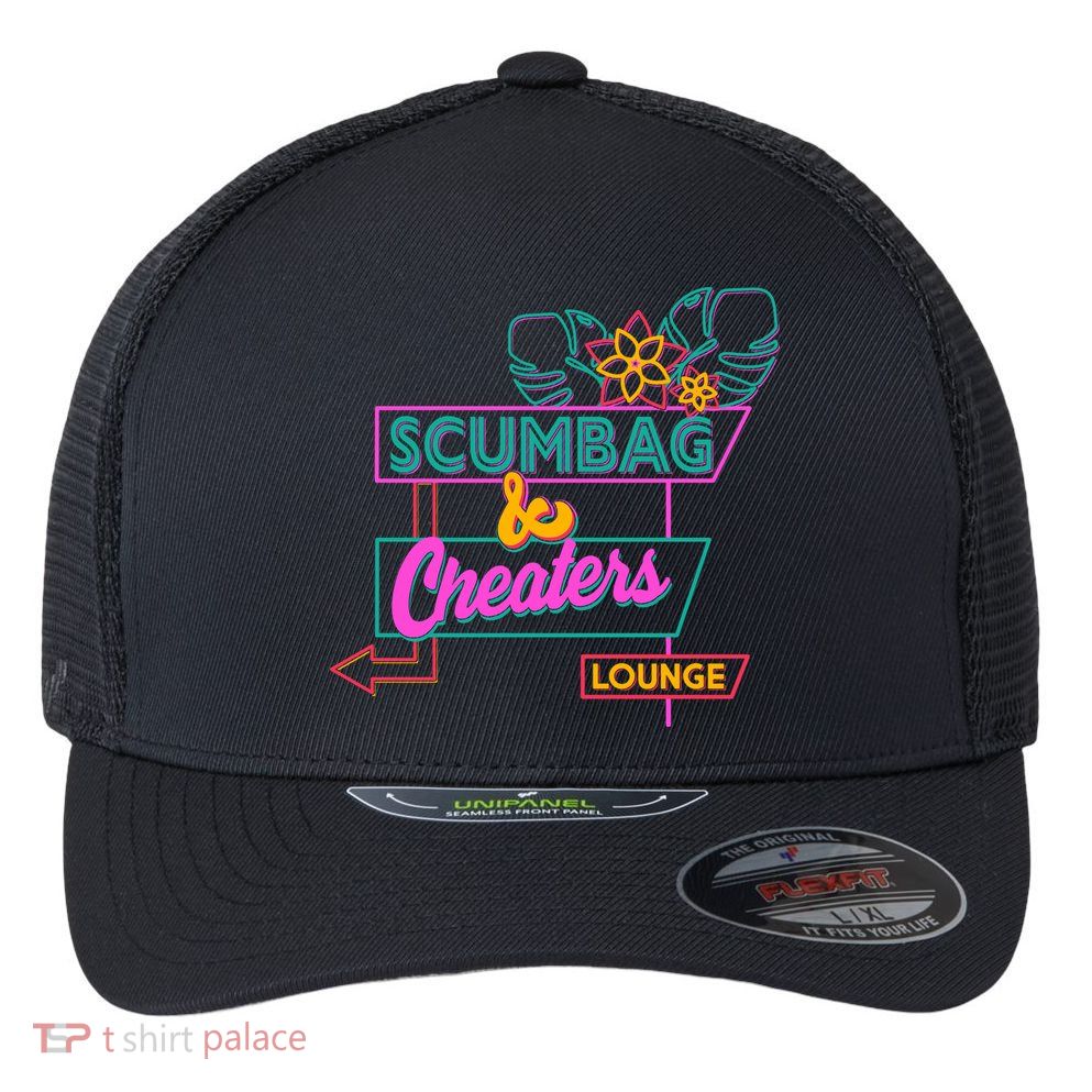 Retro Scumbag And Cheater Lounge Neon Sign Flexfit Unipanel Trucker Cap