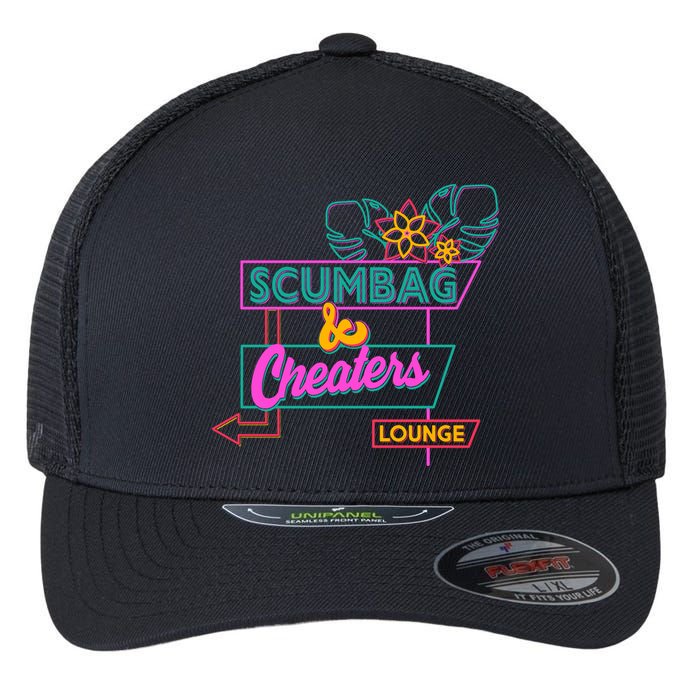 Retro Scumbag And Cheater Lounge Neon Sign Flexfit Unipanel Trucker Cap