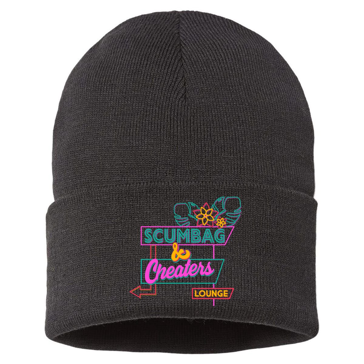 Retro Scumbag And Cheater Lounge Neon Sign Sustainable Knit Beanie