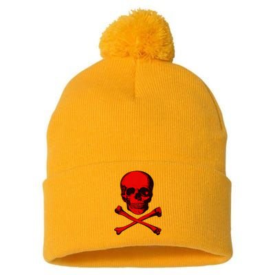 Red Skull And Crossbones Pom Pom 12in Knit Beanie