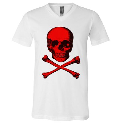 Red Skull And Crossbones V-Neck T-Shirt