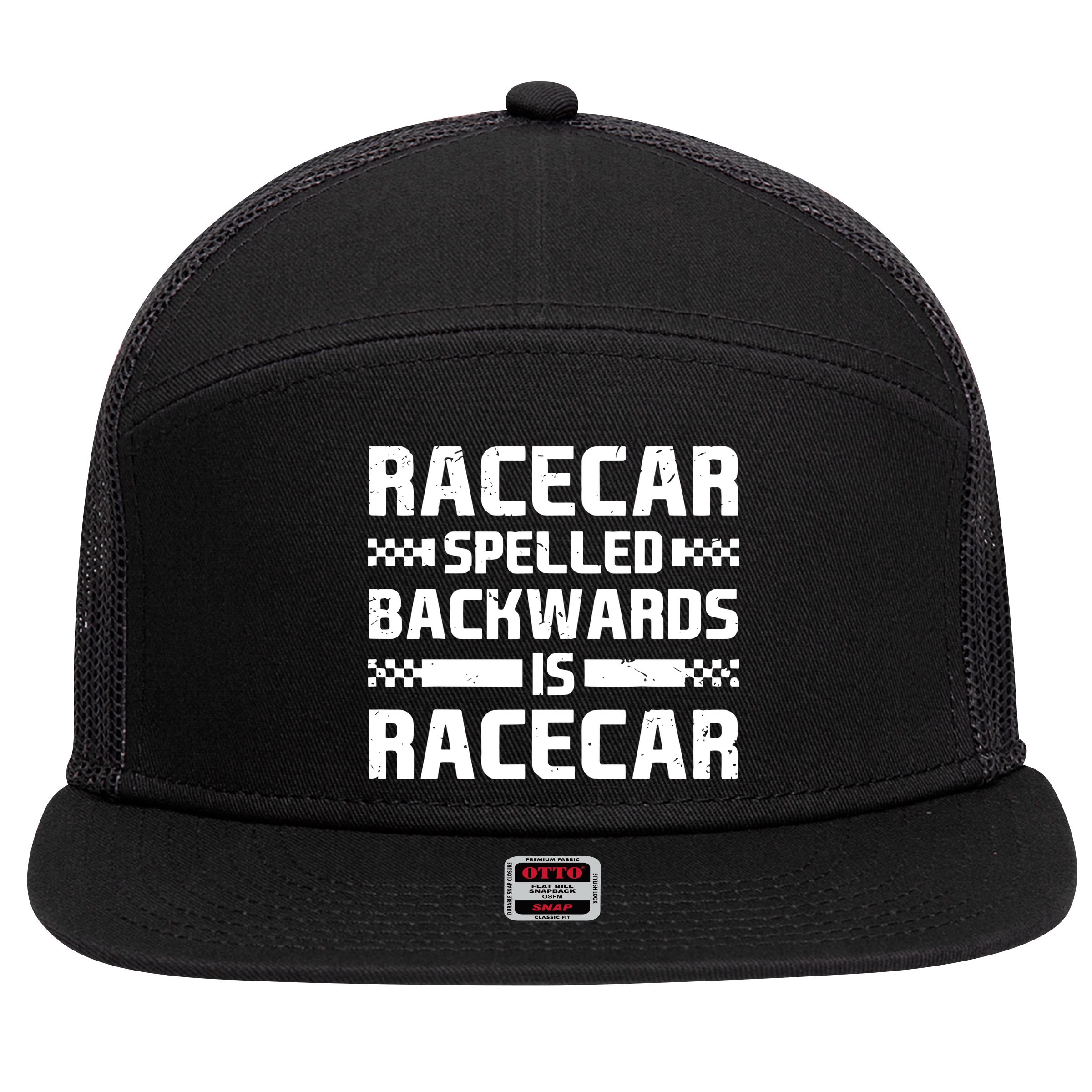 Racecar Spelled Backwards Is Racecar 7 Panel Mesh Trucker Snapback Hat
