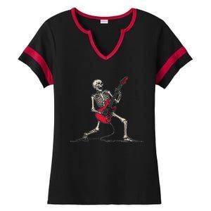 Rocker Skeleton Bass Guitar Guitarist Halloween Ladies Halftime Notch Neck Tee