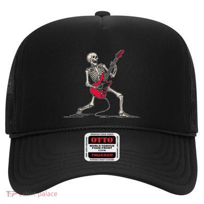 Rocker Skeleton Bass Guitar Guitarist Halloween High Crown Mesh Back Trucker Hat