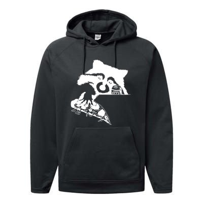 Raccoon Stealing Beer And Pizza Performance Fleece Hoodie