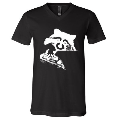 Raccoon Stealing Beer And Pizza V-Neck T-Shirt