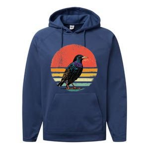 Retro Starling Bird Animal Birdwatcher Bird Lover Performance Fleece Hoodie