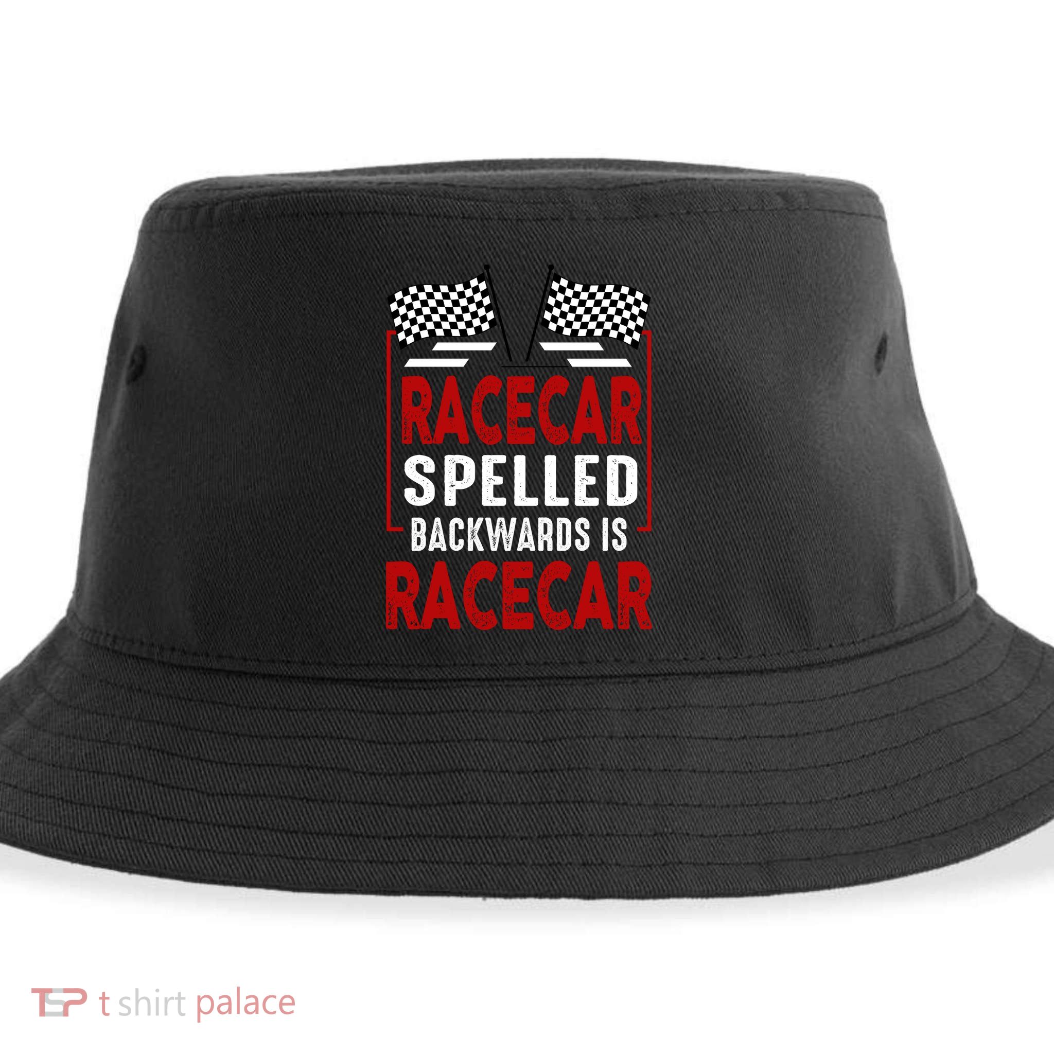 Racecar Spelled Backwards Funny Car Mechanic Race Car Sustainable Bucket Hat