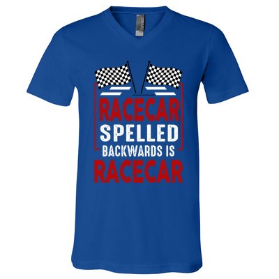 Racecar Spelled Backwards Funny Car Mechanic Race Car V-Neck T-Shirt