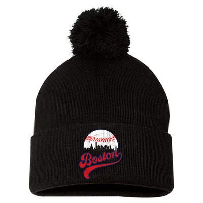 Retro Skyline Boston Baseball Meaningful Gift Pom Pom 12in Knit Beanie