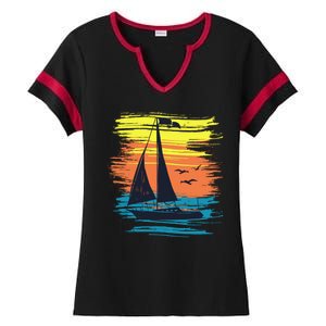 Retro Sail Boat Sailing Graphic Ladies Halftime Notch Neck Tee