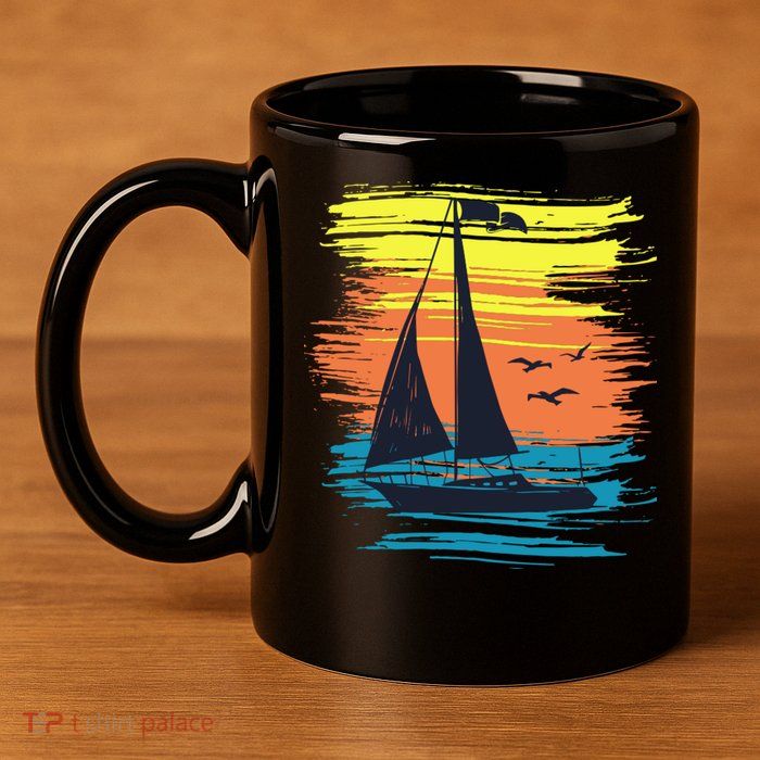 Retro Sail Boat Sailing Graphic 11oz C Handle Ceramic Mug