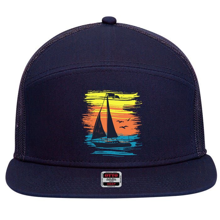 Retro Sail Boat Sailing Graphic 7 Panel Mesh Trucker Snapback Hat