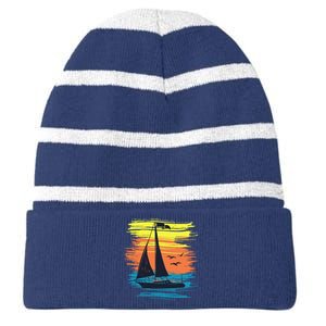 Retro Sail Boat Sailing Graphic Striped Beanie with Solid Band