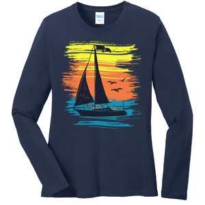 Retro Sail Boat Sailing Graphic Ladies Long Sleeve Shirt