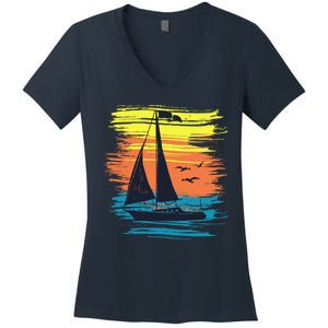 Retro Sail Boat Sailing Graphic Women's V-Neck T-Shirt