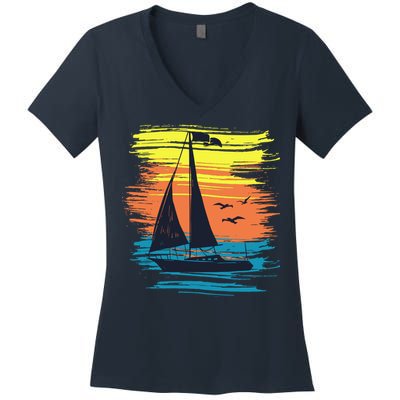 Retro Sail Boat Sailing Graphic Women's V-Neck T-Shirt