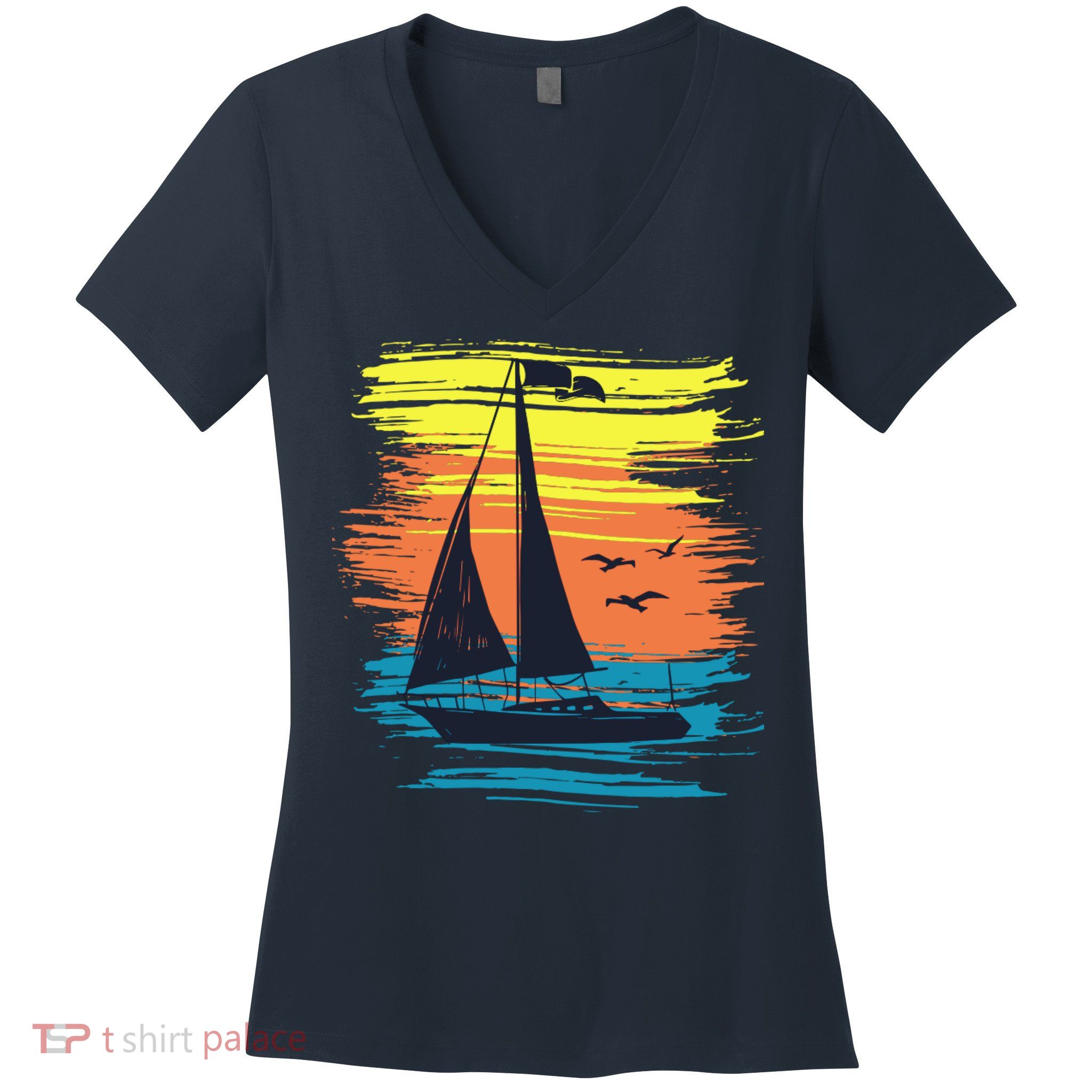 Retro Sail Boat Sailing Graphic Women's V-Neck T-Shirt