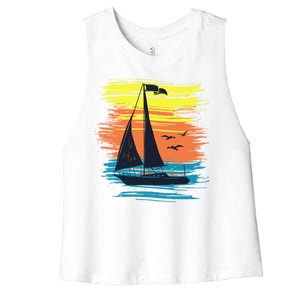 Retro Sail Boat Sailing Graphic Women's Racerback Cropped Tank