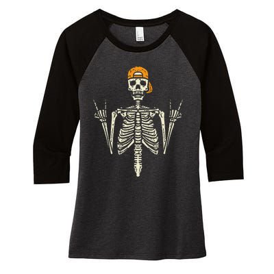 Rocker Skeleton Cap Skater Cool Halloween Punk Rock Women's Tri-Blend 3/4-Sleeve Raglan Shirt