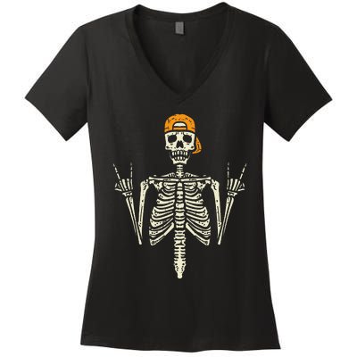 Rocker Skeleton Cap Skater Cool Halloween Punk Rock Women's V-Neck T-Shirt