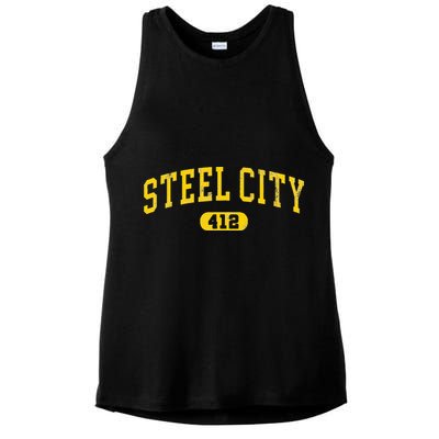 Retro Steel City Pittsburgh Pennsylvania 412 Area Code Yinz Ladies PosiCharge Tri-Blend Wicking Tank