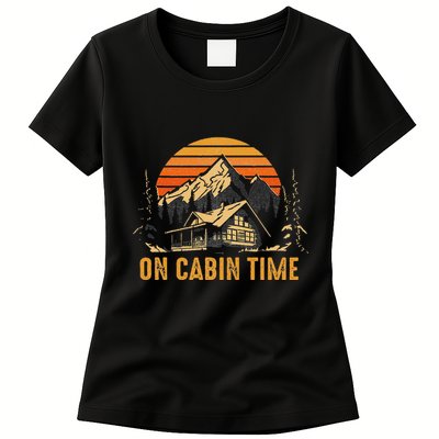 Retro Sunset Cabin Life Camping On Cabin Time Outdoor Womens T-Shirt