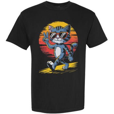 Retro Sunset Cool Cat With Sunglasses Peace Sign Garment-Dyed Heavyweight T-Shirt