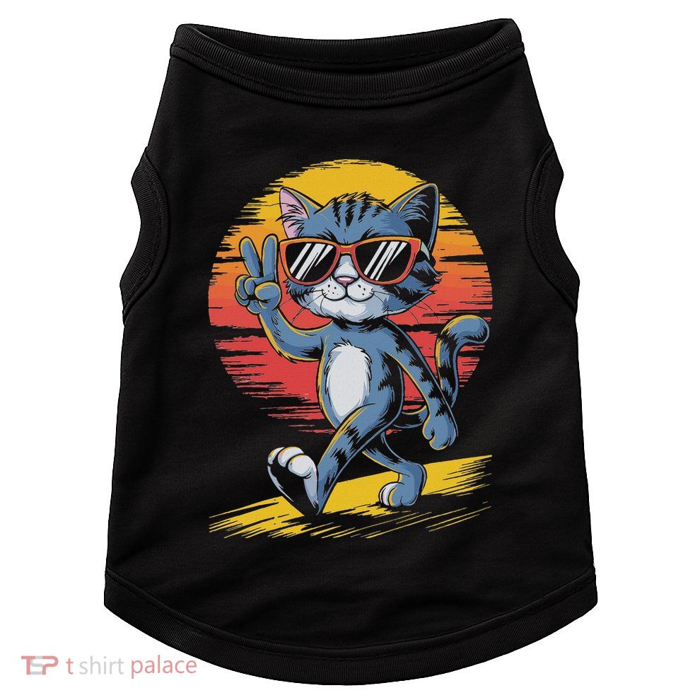 Retro Sunset Cool Cat With Sunglasses Peace Sign Doggie Tank