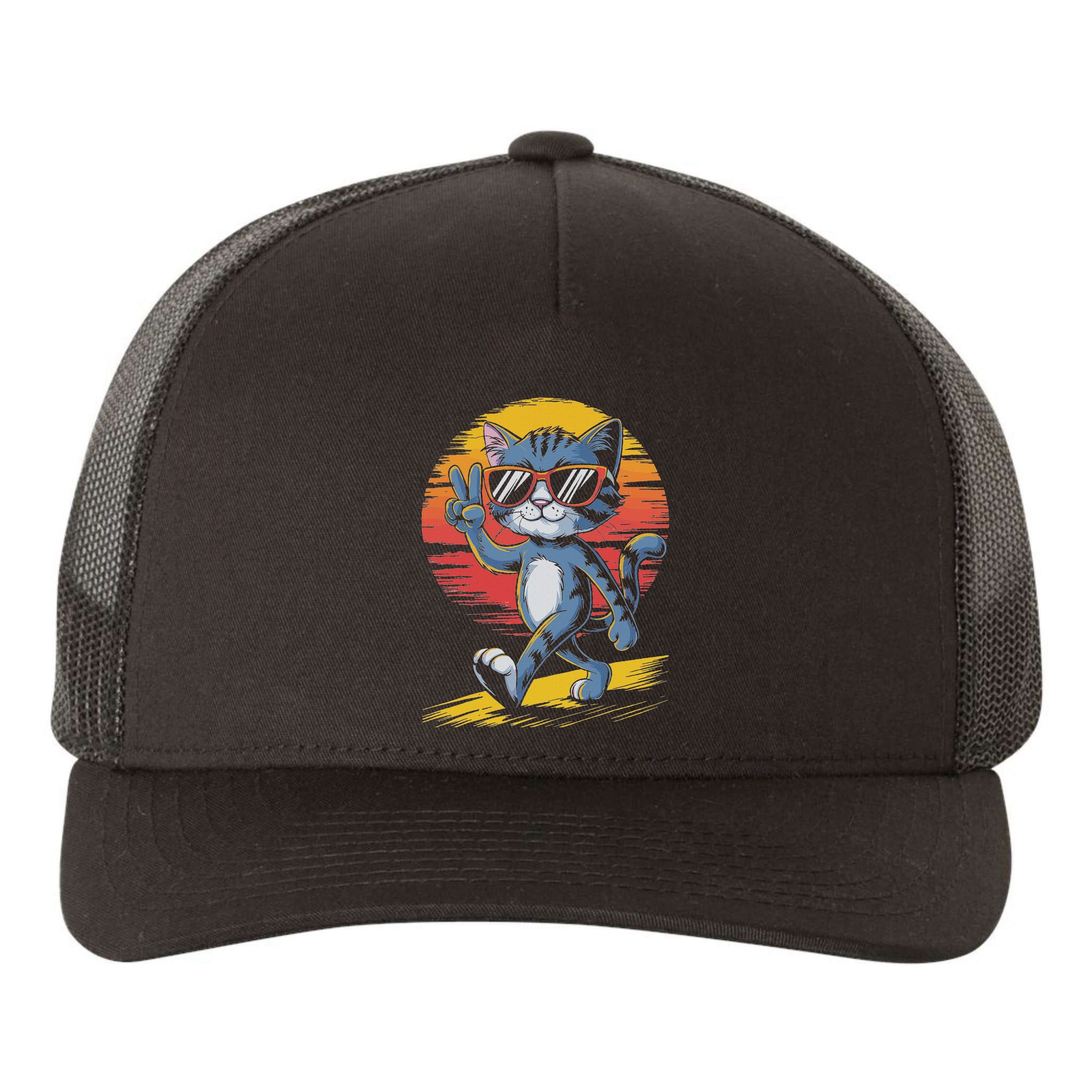 Retro Sunset Cool Cat With Sunglasses Peace Sign Yupoong Adult 5-Panel Trucker Hat