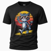 Retro Sunset Cool Cat With Sunglasses Peace Sign Cooling Performance Crew T-Shirt