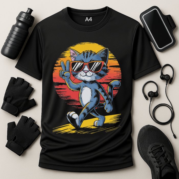Retro Sunset Cool Cat With Sunglasses Peace Sign Cooling Performance Crew T-Shirt
