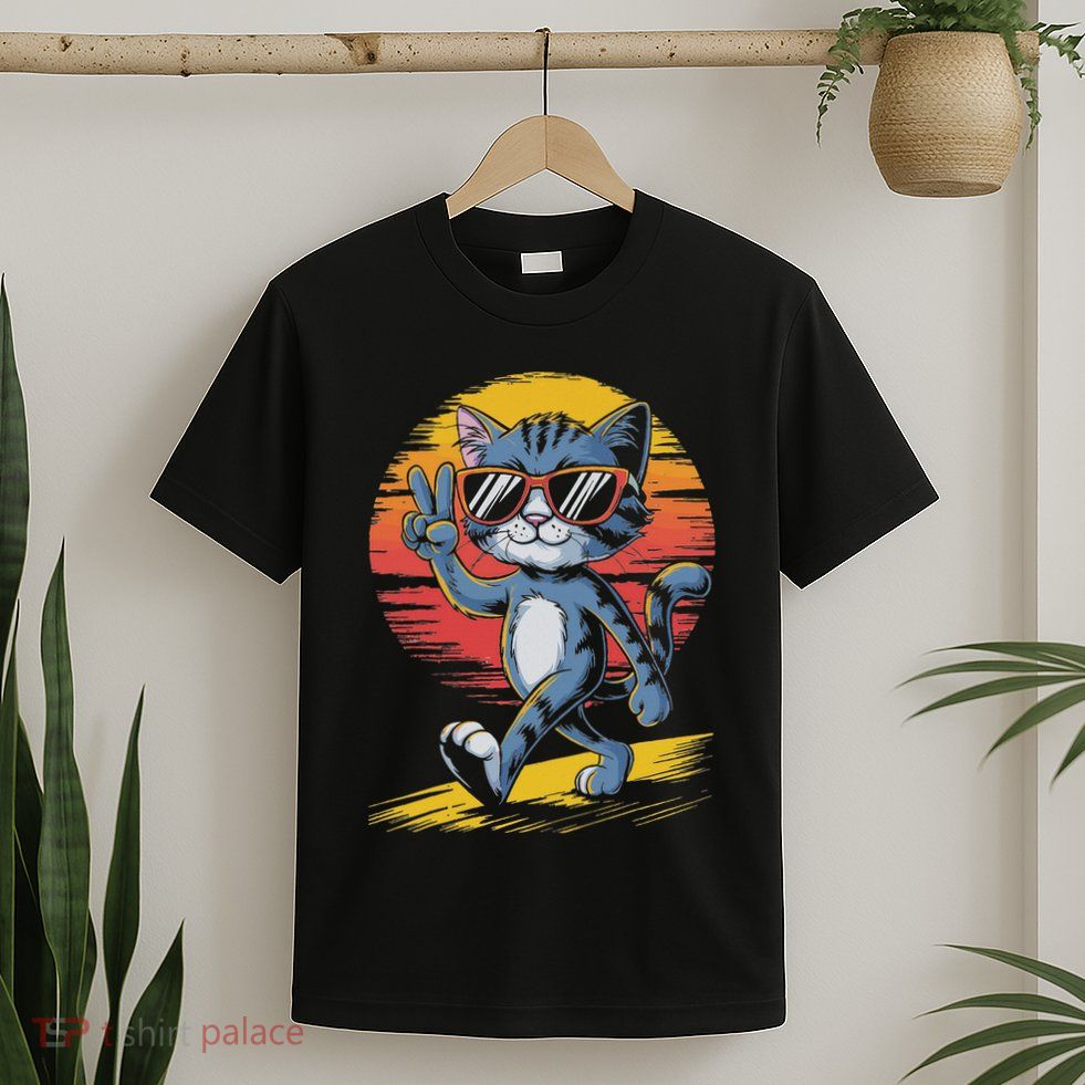 Retro Sunset Cool Cat With Sunglasses Peace Sign T-Shirt