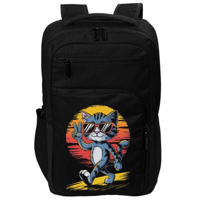 Retro Sunset Cool Cat With Sunglasses Peace Sign Impact Tech Backpack