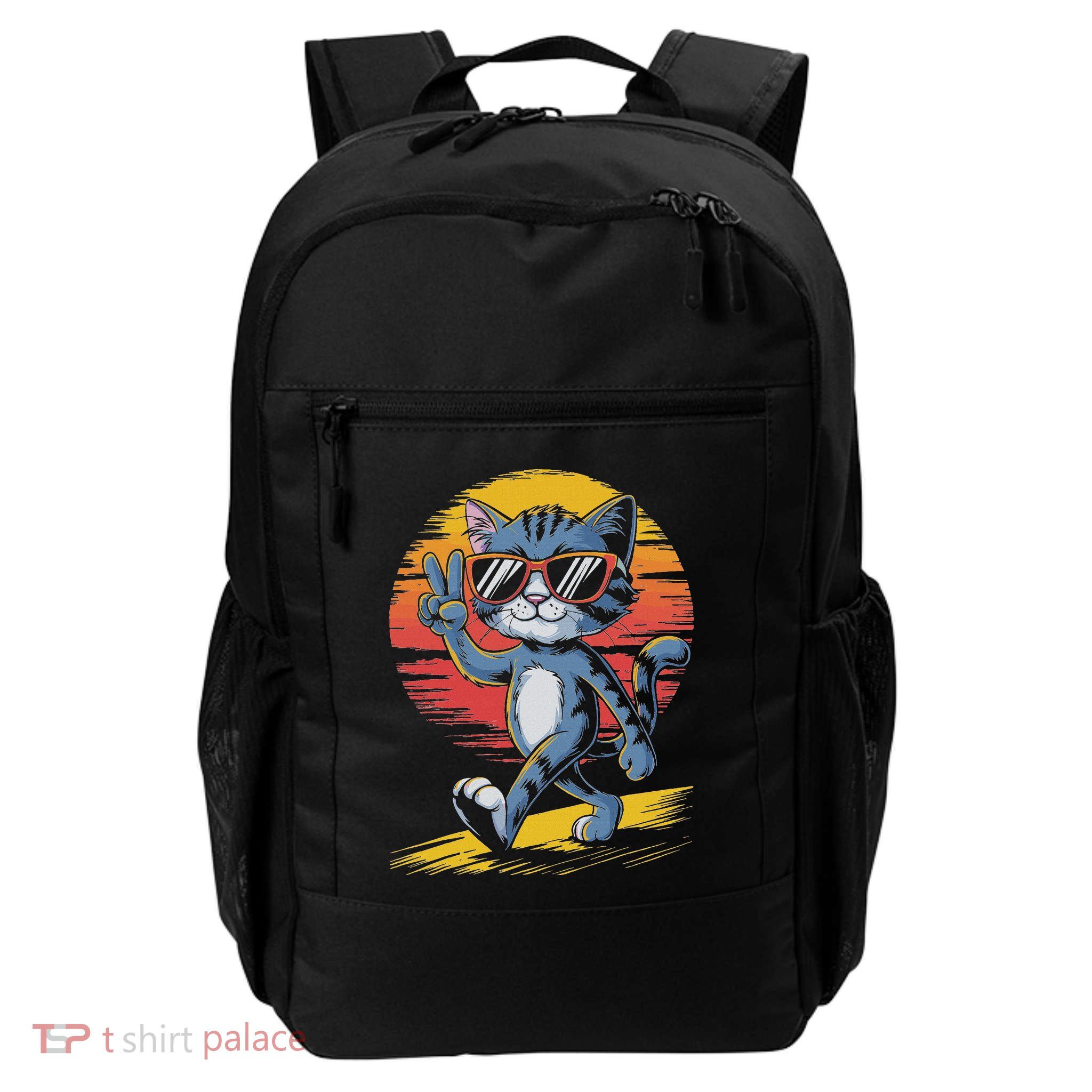 Retro Sunset Cool Cat With Sunglasses Peace Sign Daily Commute Backpack