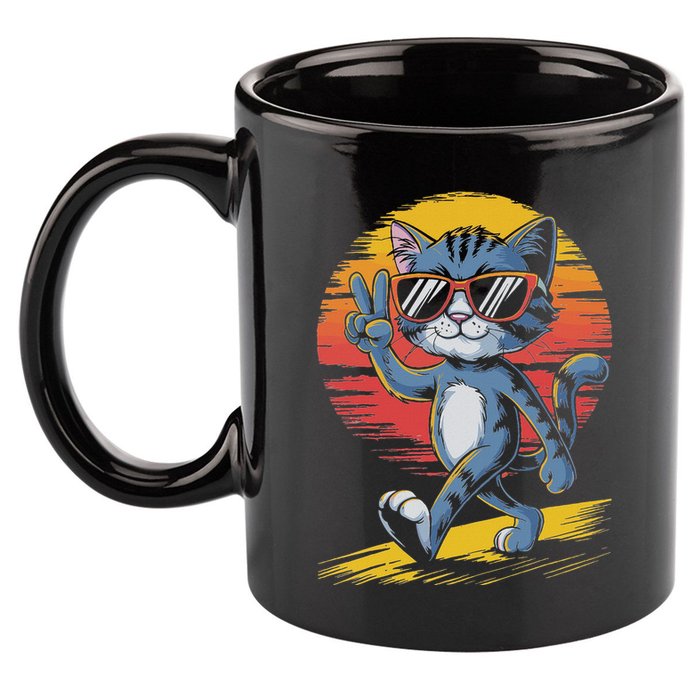 Retro Sunset Cool Cat With Sunglasses Peace Sign 11oz C Handle Ceramic Mug