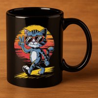 Retro Sunset Cool Cat With Sunglasses Peace Sign 11oz C Handle Ceramic Mug