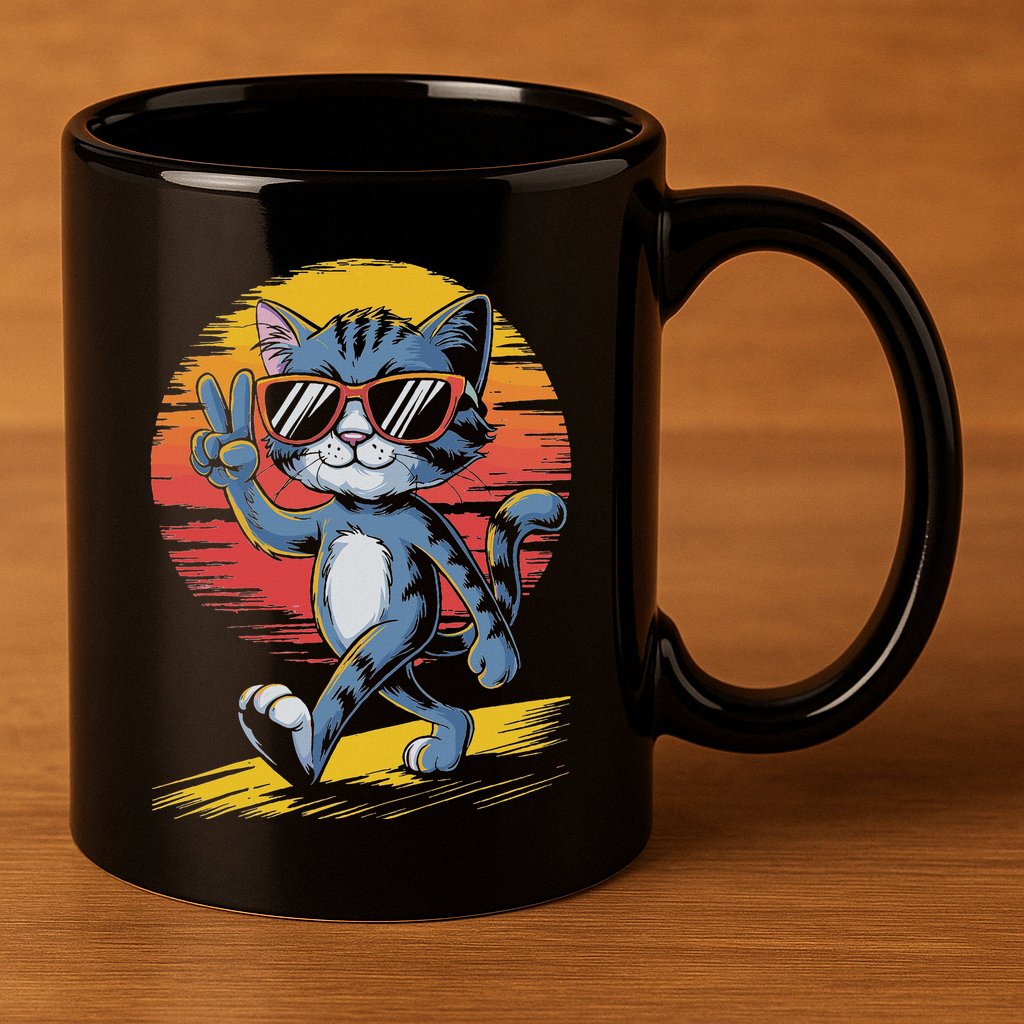 Retro Sunset Cool Cat With Sunglasses Peace Sign 11oz C Handle Ceramic Mug