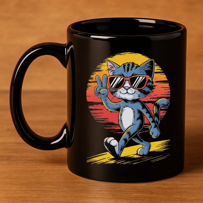 Retro Sunset Cool Cat With Sunglasses Peace Sign 11oz C Handle Ceramic Mug
