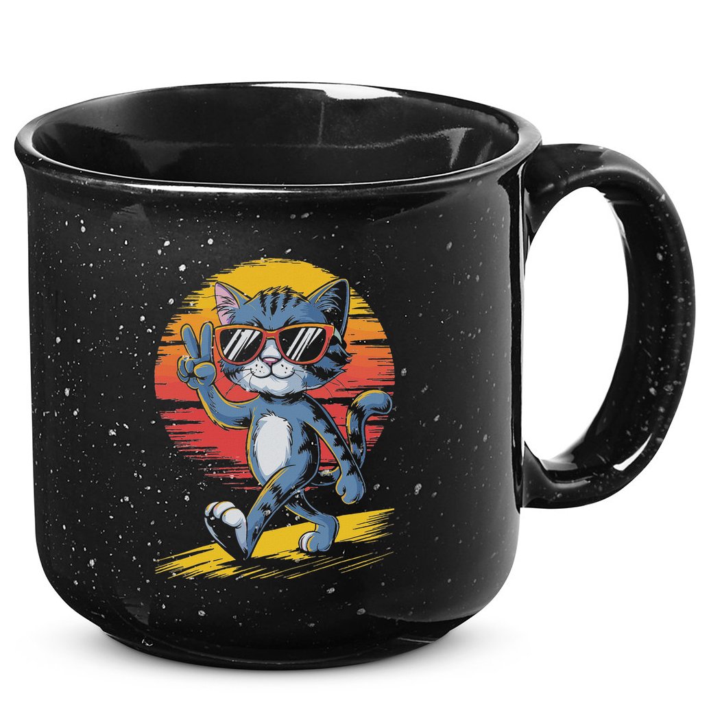 Retro Sunset Cool Cat With Sunglasses Peace Sign 15oz Campfire Ceramic Mug