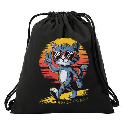 Retro Sunset Cool Cat With Sunglasses Peace Sign Drawstring Bag