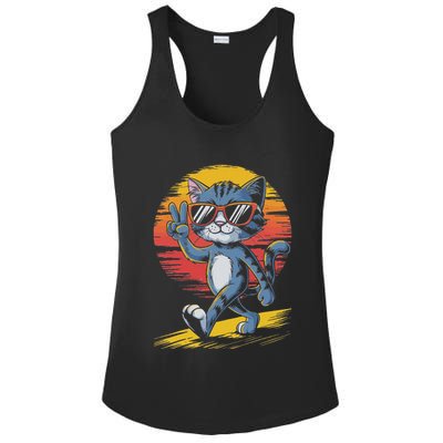 Retro Sunset Cool Cat With Sunglasses Peace Sign Ladies PosiCharge Competitor Racerback Tank