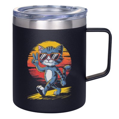 Retro Sunset Cool Cat With Sunglasses Peace Sign 12oz Stainless Steel Coffee Mug