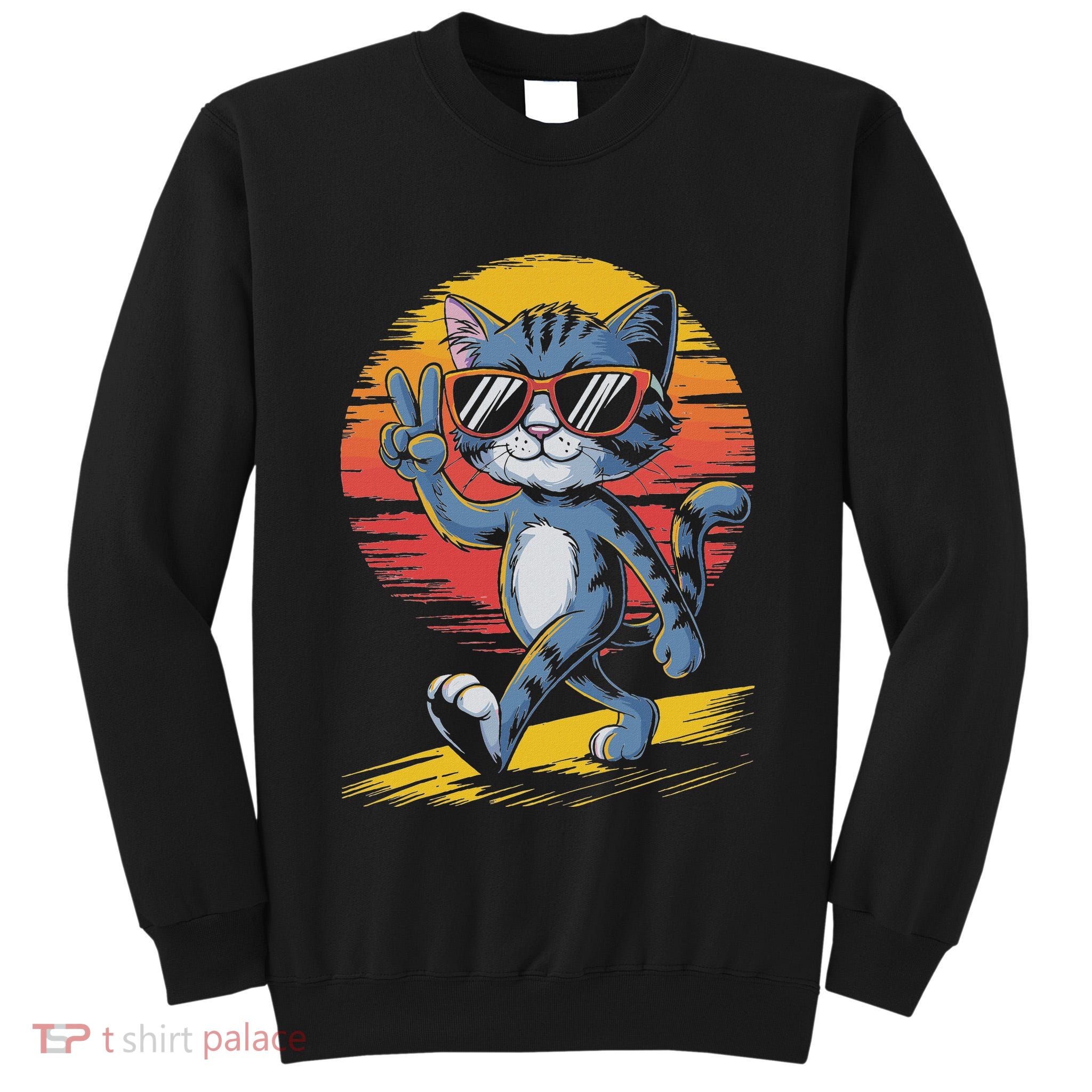 Retro Sunset Cool Cat With Sunglasses Peace Sign Tall Sweatshirt