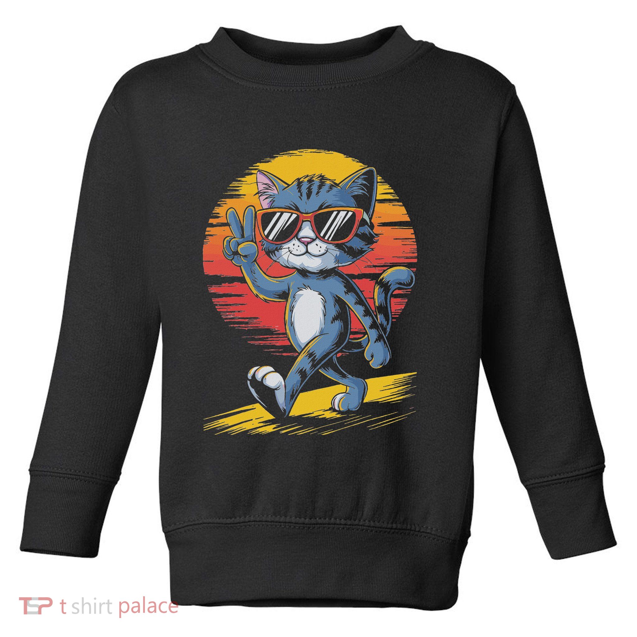 Retro Sunset Cool Cat With Sunglasses Peace Sign Toddler Sweatshirt