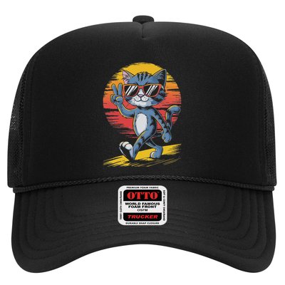 Retro Sunset Cool Cat With Sunglasses Peace Sign Trucker Hat