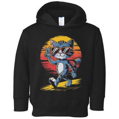 Retro Sunset Cool Cat With Sunglasses Peace Sign Toddler Hoodie